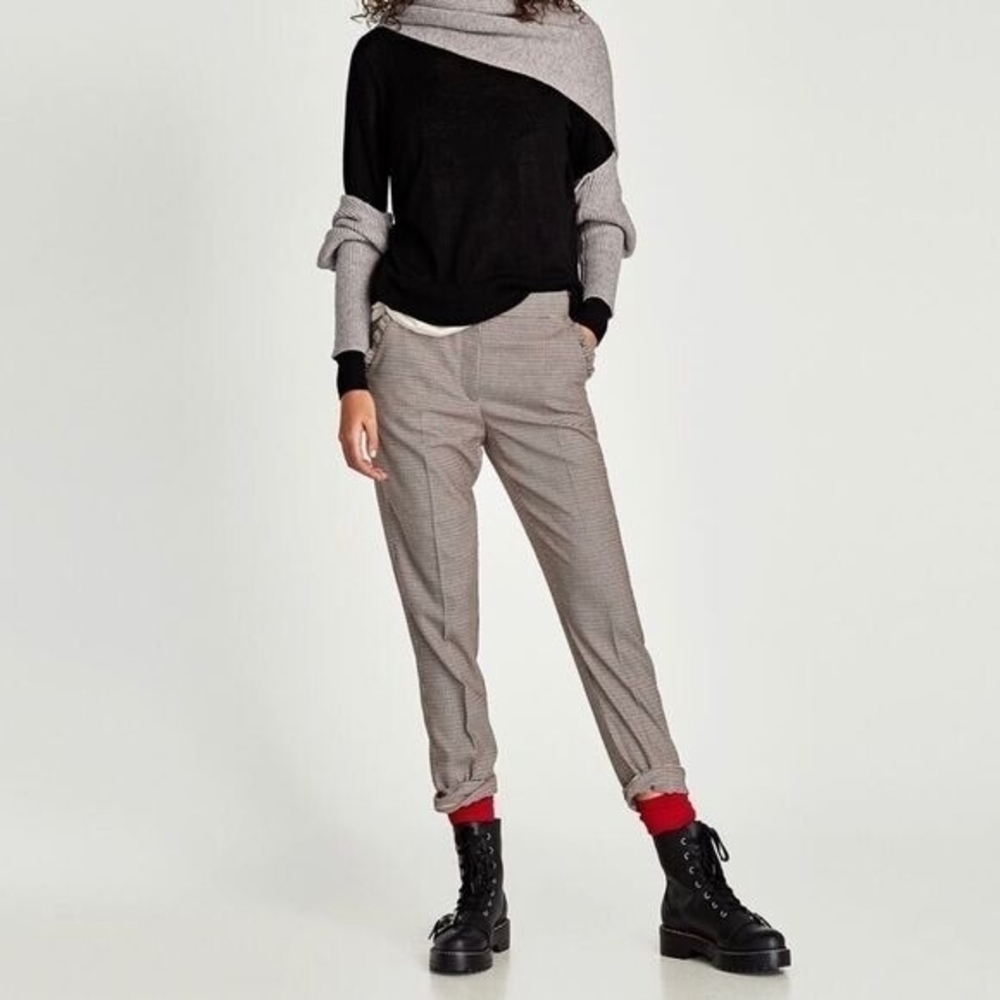 Zara Houndstooth Rufgle Pocket Trouser Pants Xs